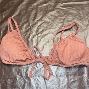 Brown bathing suit top with tie in front and adjustable straps